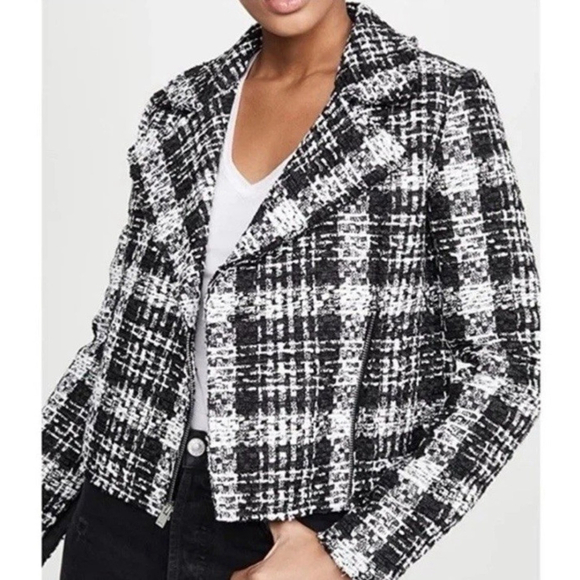 Theory Slim Crop Moto Jacket Blazer Size:2 Black White Rubber Plaid Tweed $565 - Picture 2 of 16